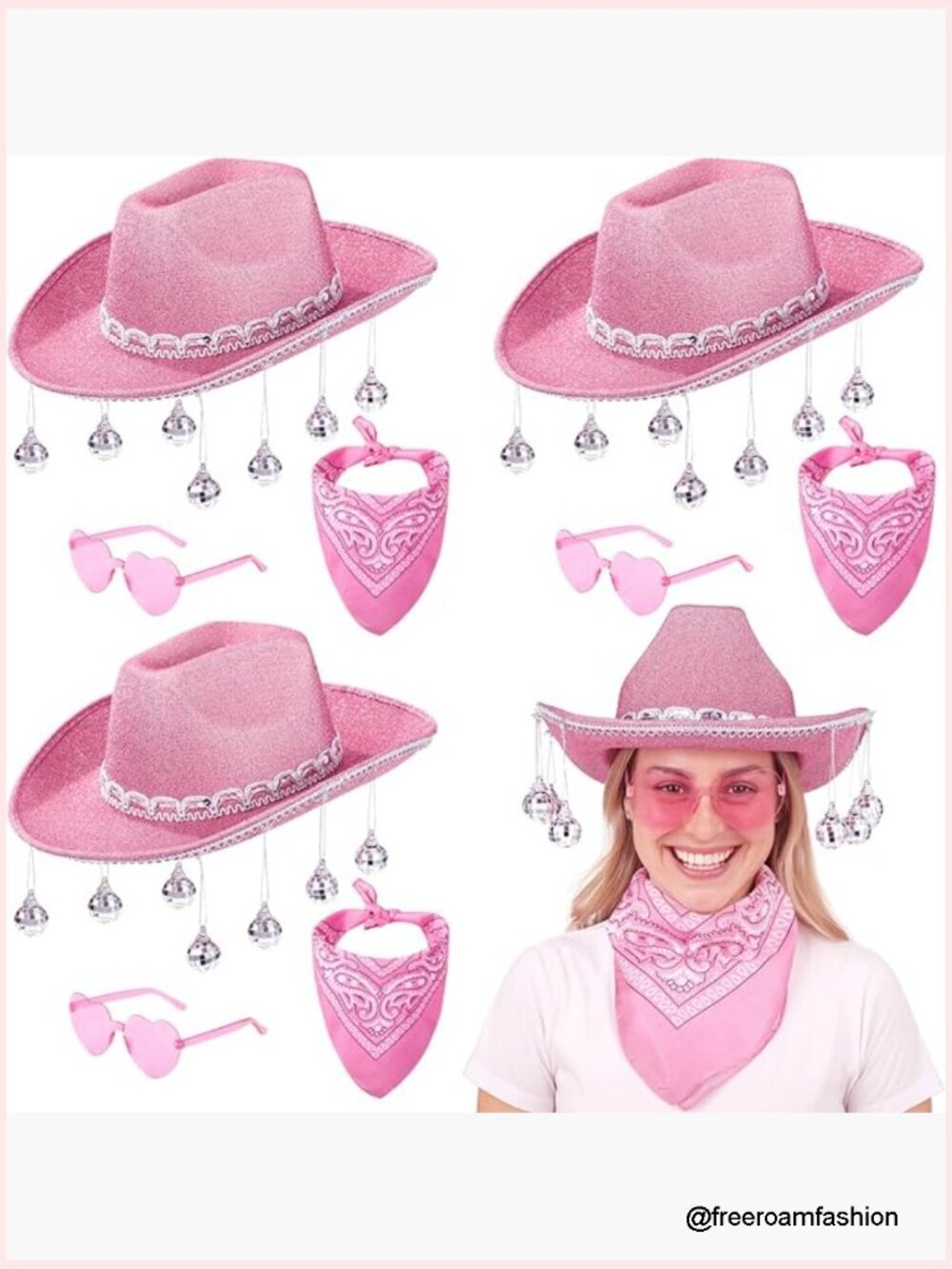 Pink Cowgirl Hat Sets - 4 Hats, 4 Glasses, 4 Bandanas - Western Party